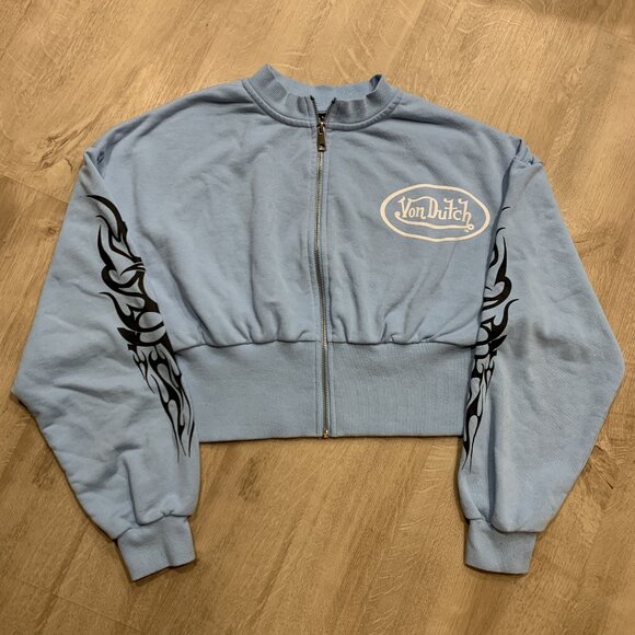 Von Dutch Cropped Zip Up Sweatshirt Women's Large L Blue Tribal Y2K Style Crop - Picture 1 of 8